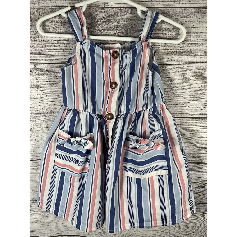 Nannette Toddler Girls Striped Sleeveless Button Front Dress Size 24M Pink Blue
